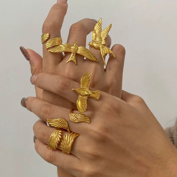 Wholesale Stainless Steel Women's Geometric Open Ring With Wings And Bird Design Electroplated