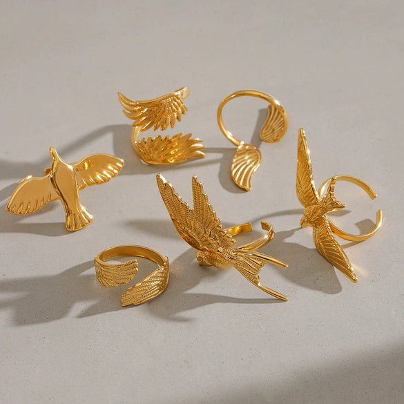 Wholesale Stainless Steel Women's Geometric Open Ring With Wings And Bird Design Electroplated
