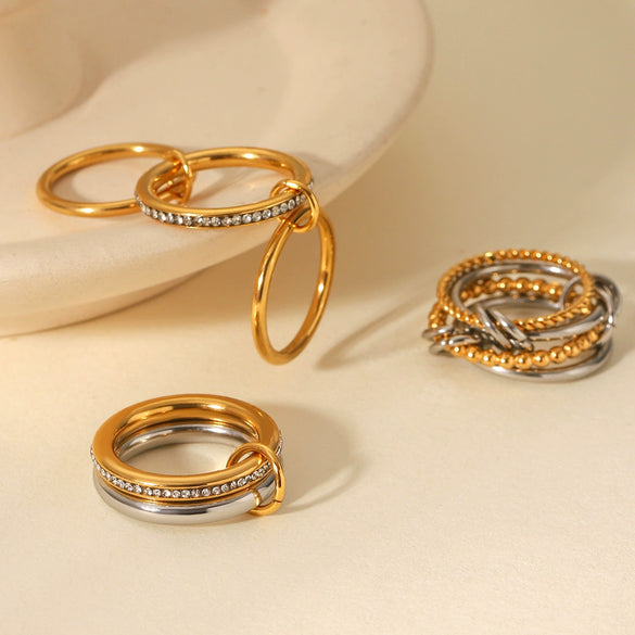 Wholesale Stainless Steel Women's Geometric Ring Set With Diamonds And 18K Goldplated