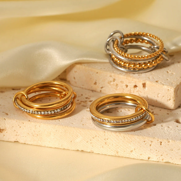 Wholesale Stainless Steel Women's Geometric Ring Set With Diamonds And 18K Goldplated