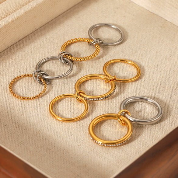 Wholesale Stainless Steel Women's Geometric Ring Set With Diamonds And 18K Goldplated
