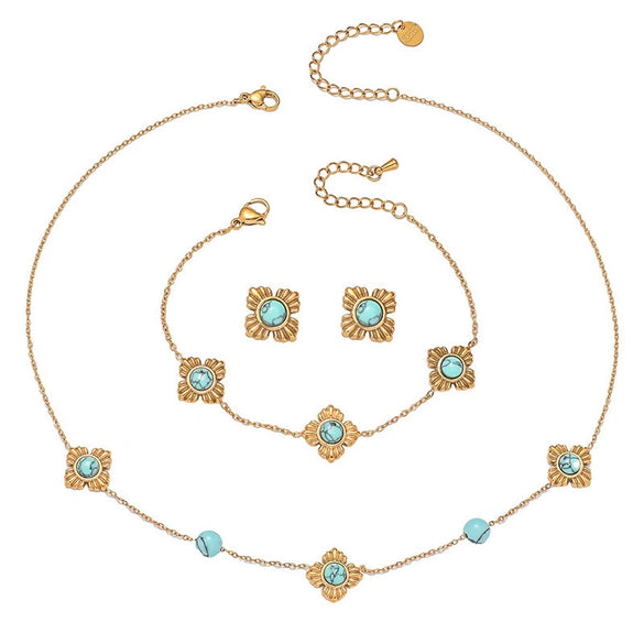 Wholesale Stainless Steel Women's Jewelry Set With Fourpetal Flower Pattern And Turquoise Inlay Electroplated Treatment