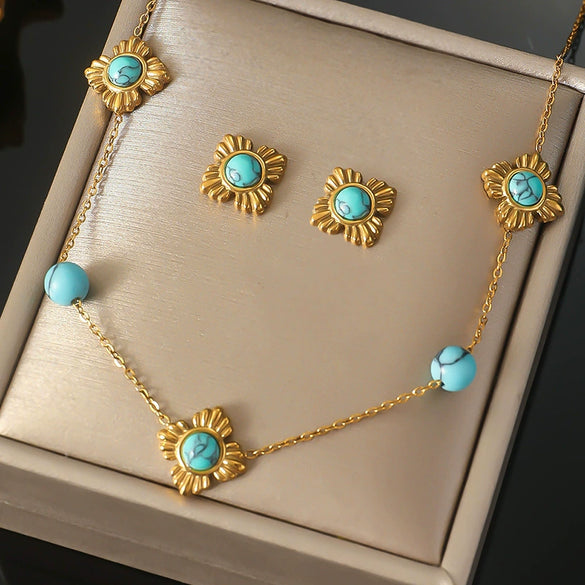 Wholesale Stainless Steel Women's Jewelry Set With Fourpetal Flower Pattern And Turquoise Inlay Electroplated Treatment