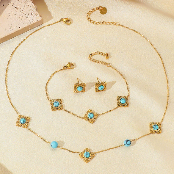 Wholesale Stainless Steel Women's Jewelry Set With Fourpetal Flower Pattern And Turquoise Inlay Electroplated Treatment
