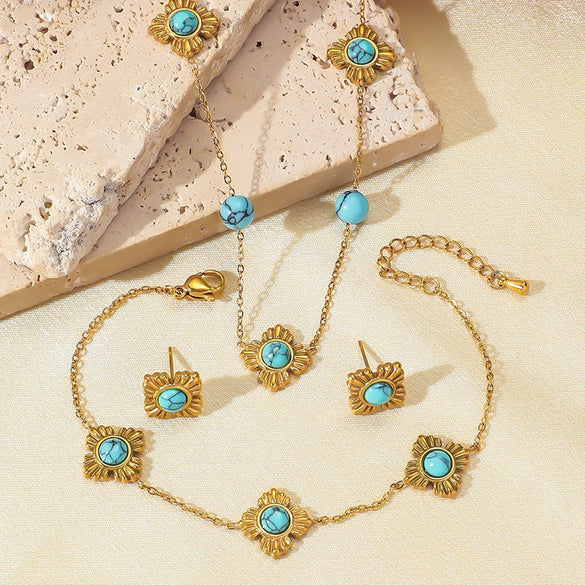 Wholesale Stainless Steel Women's Jewelry Set With Fourpetal Flower Pattern And Turquoise Inlay Electroplated Treatment