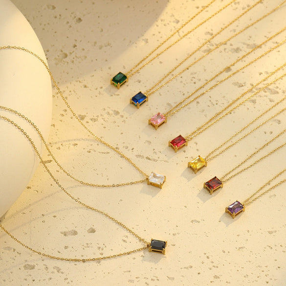 Wholesale Stainless Steel Women's Necklace With Square Zircon Pendant Electroplated Fashion Style