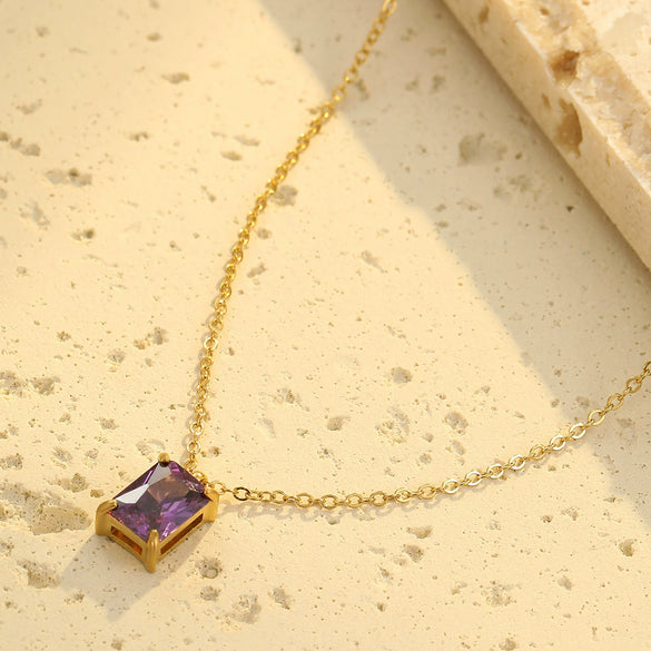Wholesale Stainless Steel Women's Necklace With Square Zircon Pendant Electroplated Fashion Style