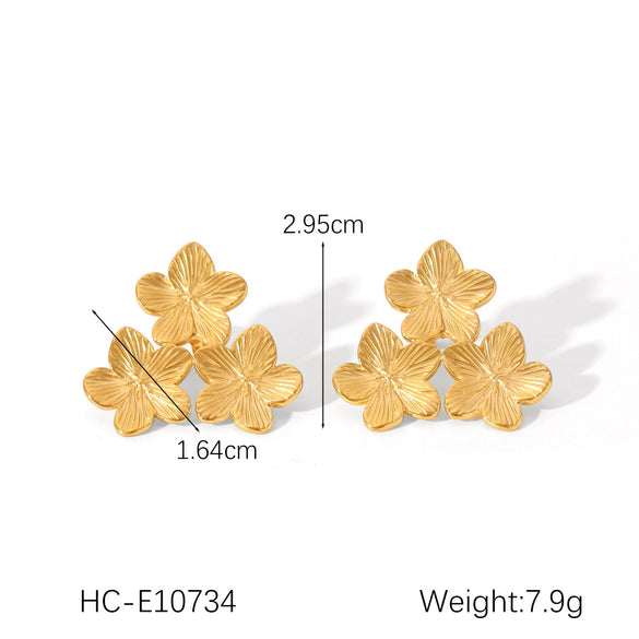 Wholesale Stainless Steel Women's Three Flower Earrings With Geometric Pattern Electroplated Design