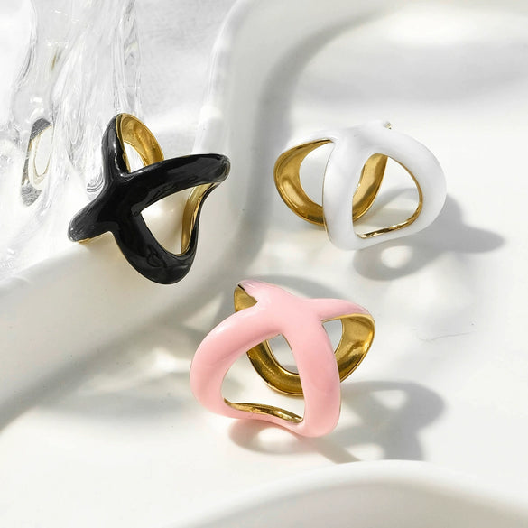 Wholesale Stainless Steel Xshaped Open Ring With Oil Dropping Pattern And Electroplating Treatment