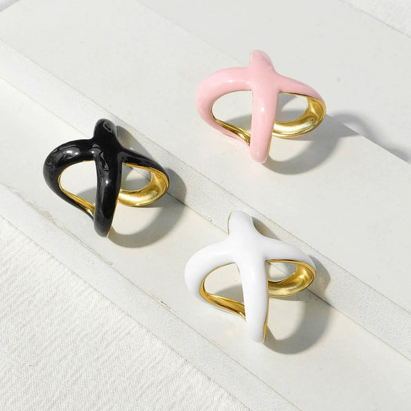 Wholesale Stainless Steel Xshaped Open Ring With Oil Dropping Pattern And Electroplating Treatment