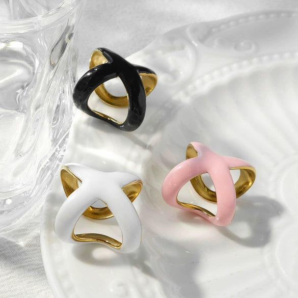 Wholesale Stainless Steel Xshaped Open Ring With Oil Dropping Pattern And Electroplating Treatment