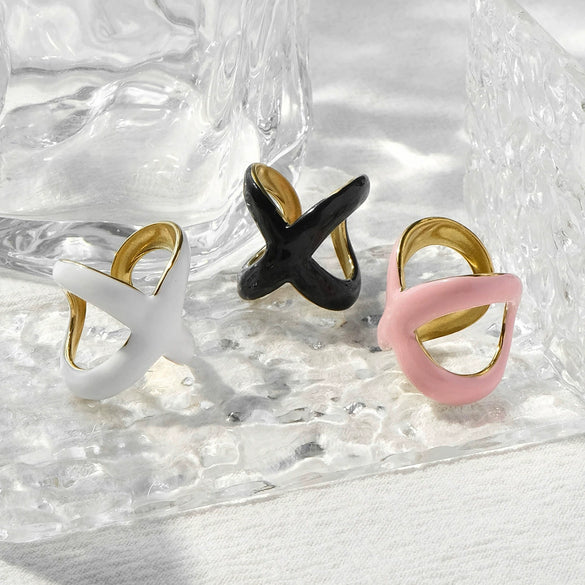 Wholesale Stainless Steel Xshaped Open Ring With Oil Dropping Pattern And Electroplating Treatment