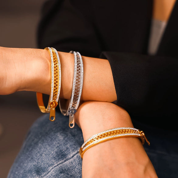 Wholesale Stainless Steel Zipper Full Diamond Bracelet With Simple Geometric Design And 18K Gold Plated Electroplating