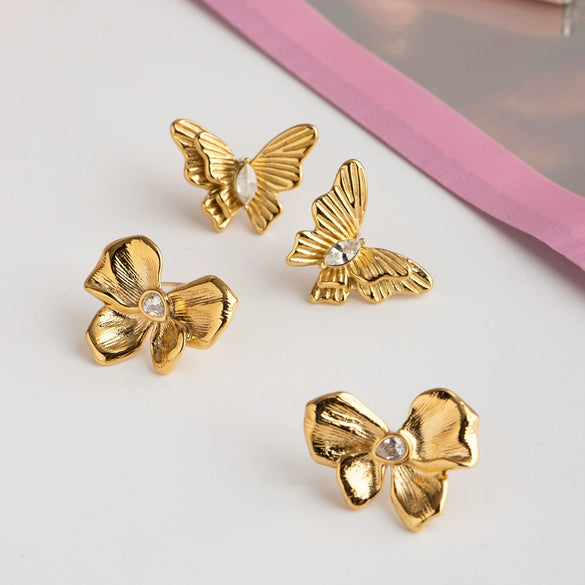 Wholesale Stainless Steel Zircon Earrings Retro Style Bow Pattern Electroplated For Women