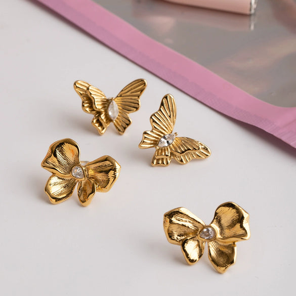 Wholesale Stainless Steel Zircon Earrings Retro Style Bow Pattern Electroplated For Women
