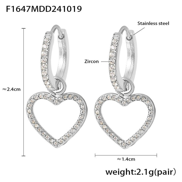 Wholesale 316L Stainless Steel Zircon Inlaid Heart Geometric Electroplated Light Luxury Hollow Earrings For Women