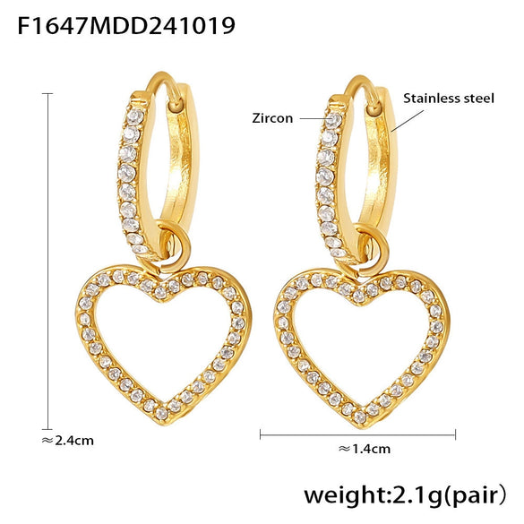 Wholesale 316L Stainless Steel Zircon Inlaid Heart Geometric Electroplated Light Luxury Hollow Earrings For Women