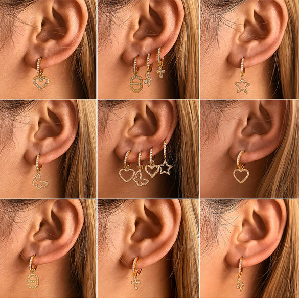 Wholesale 316L Stainless Steel Zircon Inlaid Heart Geometric Electroplated Light Luxury Hollow Earrings For Women