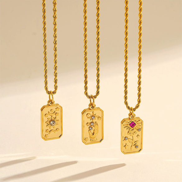 Wholesale Stainless Steel Zircon Pendant Necklace With Square Sun Star Stamp 18K Vacuum Electroplated Gold For Women Personality Style