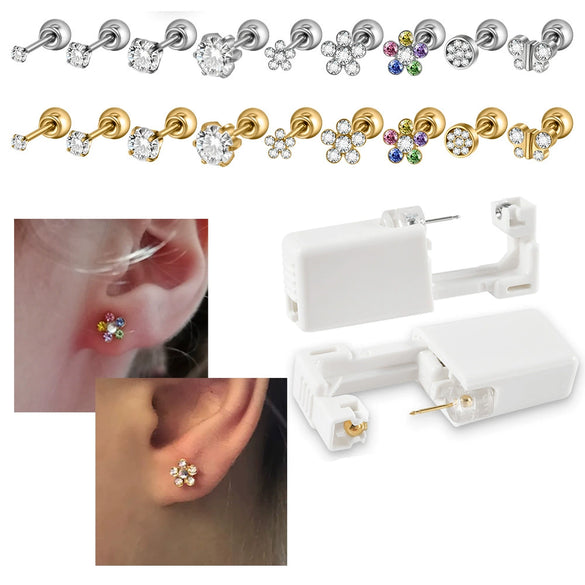 Wholesale Stainless Steel Zircon Rhinestone Disposable Ear Piercing Device With Flower Pattern And Electroplating Treatment