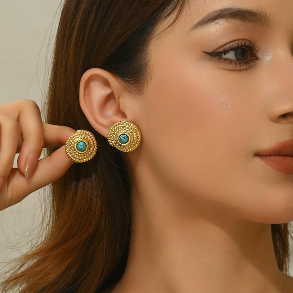 Wholesale Stamped Geometric Blue Turquoise Stainless Steel Earrings For Women