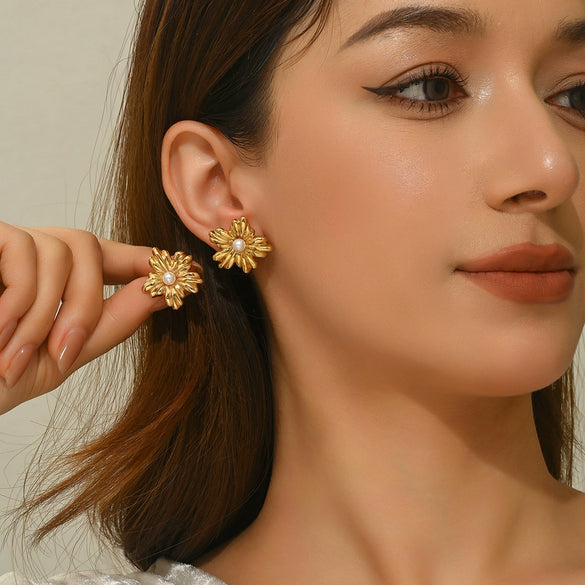Wholesale Stamped Stainless Steel Flower Pearl Earrings For Women Light Luxury Style