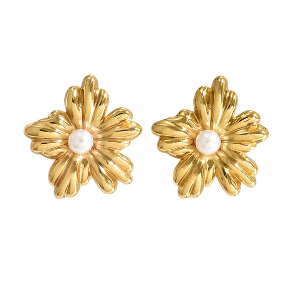 Wholesale Stamped Stainless Steel Flower Pearl Earrings For Women Light Luxury Style