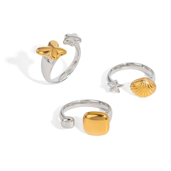 Wholesale Star Shell Opening Ring In Gold And Silver Color Matching Retro Simple Cold Wind Style Stainless Steel Jewelry With Pvd Furnace Vacuum Real Gold Plating For Women