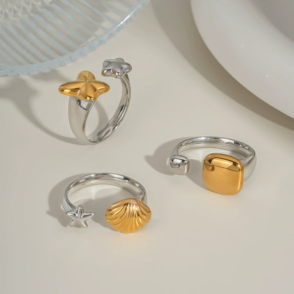 Wholesale Star Shell Opening Ring In Gold And Silver Color Matching Retro Simple Cold Wind Style Stainless Steel Jewelry With Pvd Furnace Vacuum Real Gold Plating For Women
