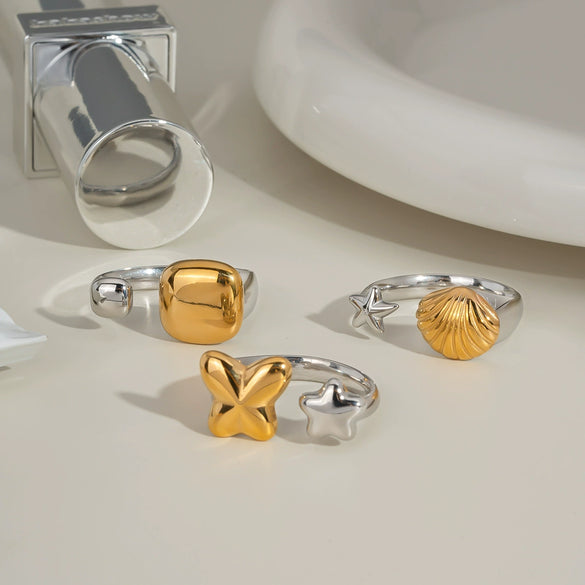 Wholesale Star Shell Opening Ring In Gold And Silver Color Matching Retro Simple Cold Wind Style Stainless Steel Jewelry With Pvd Furnace Vacuum Real Gold Plating For Women
