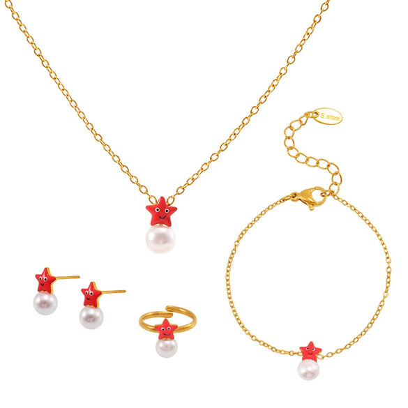 Wholesale Starfish Beads Stainless Steel Jewelry Set For Girls With Electroplating Earrings Necklace Bracelet Ring