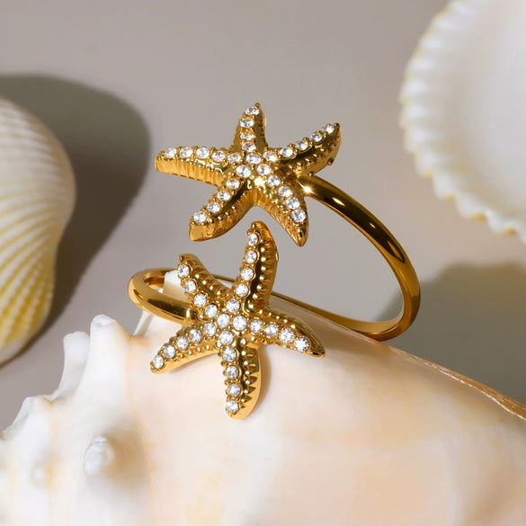 Wholesale Starfish Shell Zircon Open Index Finger Ring In Stainless Steel With Electroplating Geometric Style For Women