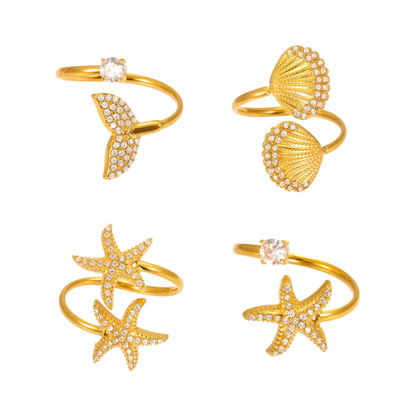 Wholesale Starfish Shell Zircon Open Index Finger Ring In Stainless Steel With Electroplating Geometric Style For Women