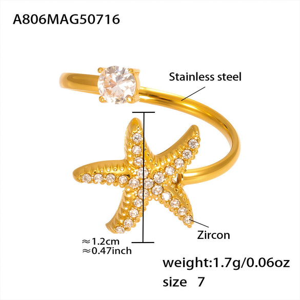 Wholesale Starfish Shell Zircon Open Index Finger Ring In Stainless Steel With Electroplating Geometric Style For Women