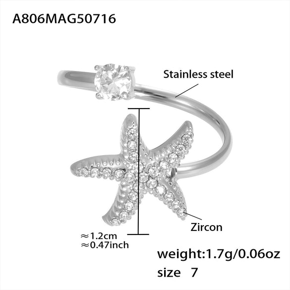 Wholesale Starfish Shell Zircon Open Index Finger Ring In Stainless Steel With Electroplating Geometric Style For Women