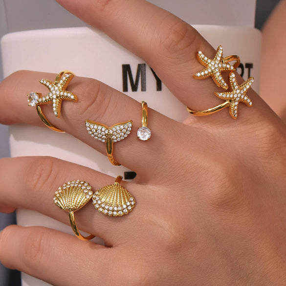 Wholesale Starfish Shell Zircon Open Index Finger Ring In Stainless Steel With Electroplating Geometric Style For Women