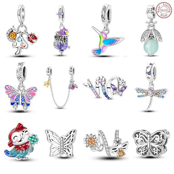 Wholesale 925 Sterling Silver Animal Insect Butterfly Dragonfly Firefly Owl Bead Charm Dripping Oil Diy Jewelry Accessories Bracelet