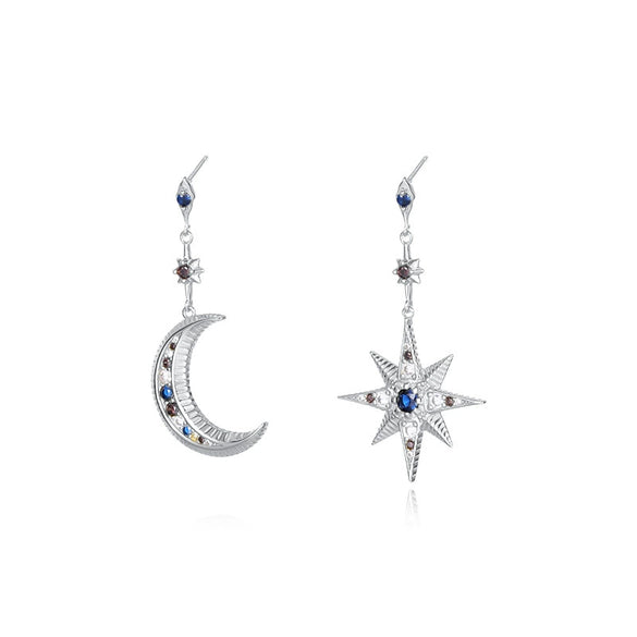 Wholesale 925 Sterling Silver Asymmetric Star Moon Zircon Earrings For Women