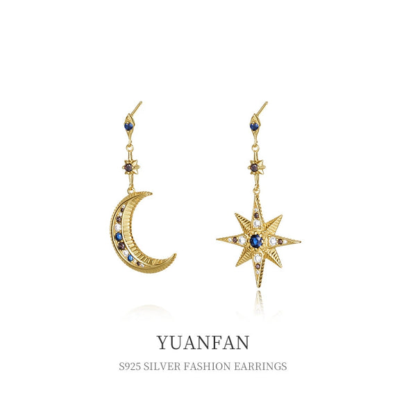 Wholesale 925 Sterling Silver Asymmetric Star Moon Zircon Earrings For Women
