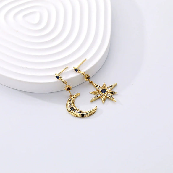 Wholesale 925 Sterling Silver Asymmetric Star Moon Zircon Earrings For Women