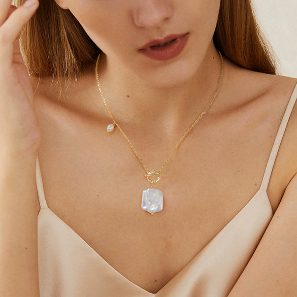 Wholesale 925 Sterling Silver Baroque Pearl Buckle Necklace Geometric Style Electroplated For Women