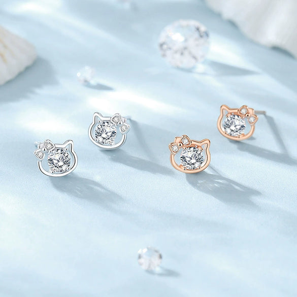 Wholesale 925 Sterling Silver Bowknot Cat Earrings Electroplated For Women