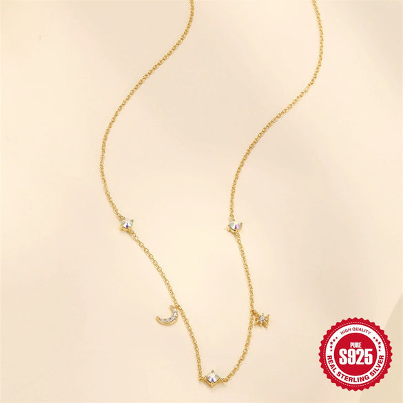 Wholesale 925 Sterling Silver Classic Geometric Star Moon Stacked Pendant Ochain Necklace For Women
