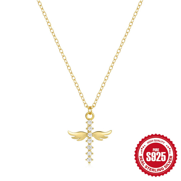 Wholesale 925 Sterling Silver Cross And Angel Wings Pendant Clavicle Chain With Geometric Pattern And Electroplating