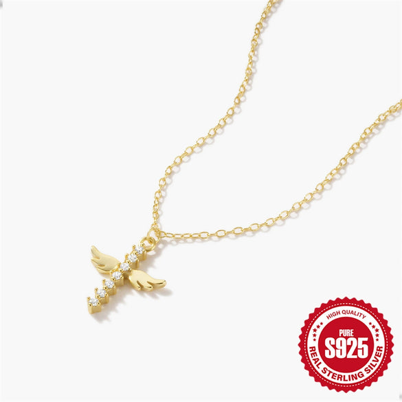Wholesale 925 Sterling Silver Cross And Angel Wings Pendant Clavicle Chain With Geometric Pattern And Electroplating