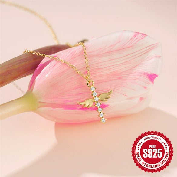 Wholesale 925 Sterling Silver Cross And Angel Wings Pendant Clavicle Chain With Geometric Pattern And Electroplating