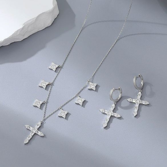Wholesale 925 Sterling Silver Cross Geometric Patterned Necklace With High Carbon Drill Pendant For Women Electroplated