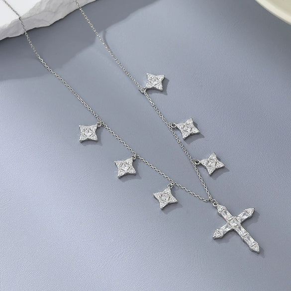 Wholesale 925 Sterling Silver Cross Geometric Patterned Necklace With High Carbon Drill Pendant For Women Electroplated
