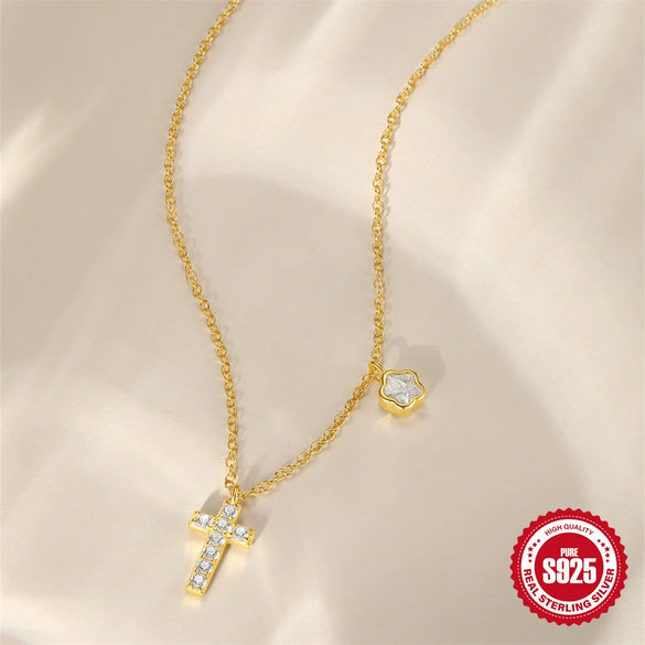 Wholesale 925 Sterling Silver Delicate Flower Cross Geometric Pattern Electroplated Ochain Clavicle Necklace For Women