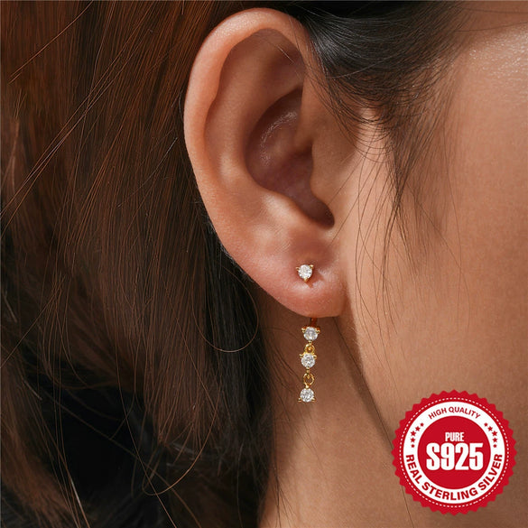 Wholesale 925 Sterling Silver Double Line Inlaid Stone C Shaped Minimalist Geometric Earrings With Electroplating